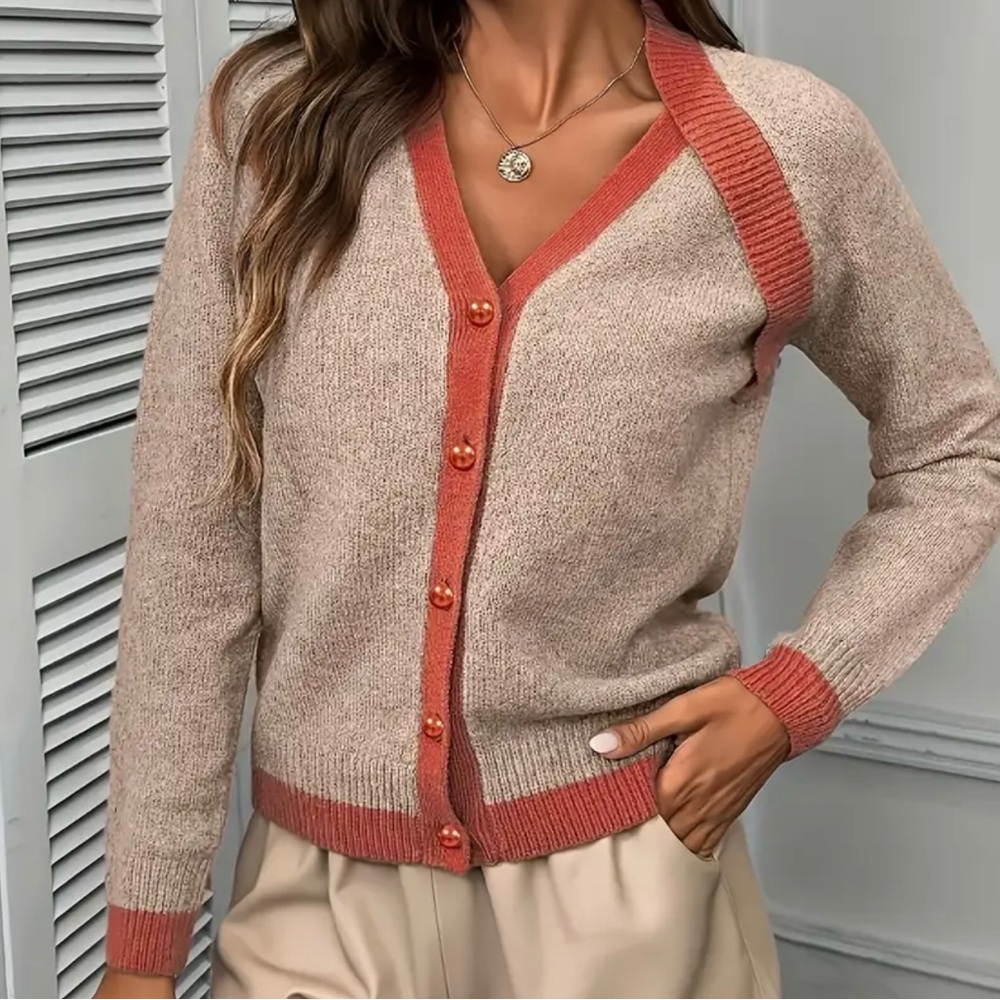 Beige & Coral V-Neck Button Cardigan Sweater